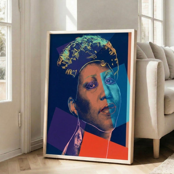 Bold, colorful pop art depiction of Aretha Franklin with layered color blocks and high contrast, iconic music legend artwork.