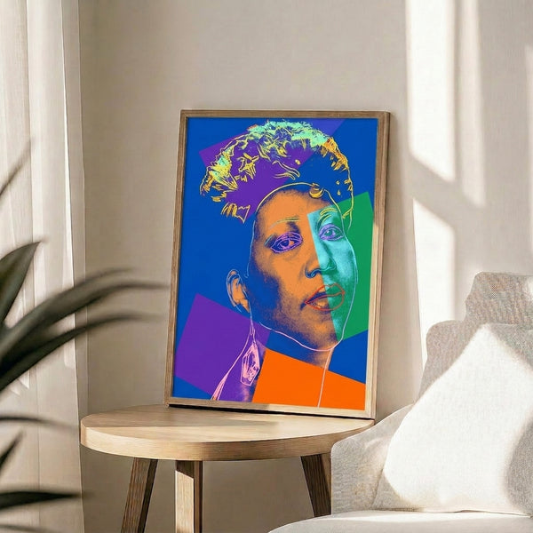 Framed Aretha Franklin pop art poster in electric, jewel-toned colors with graphic intensity and contemporary style.