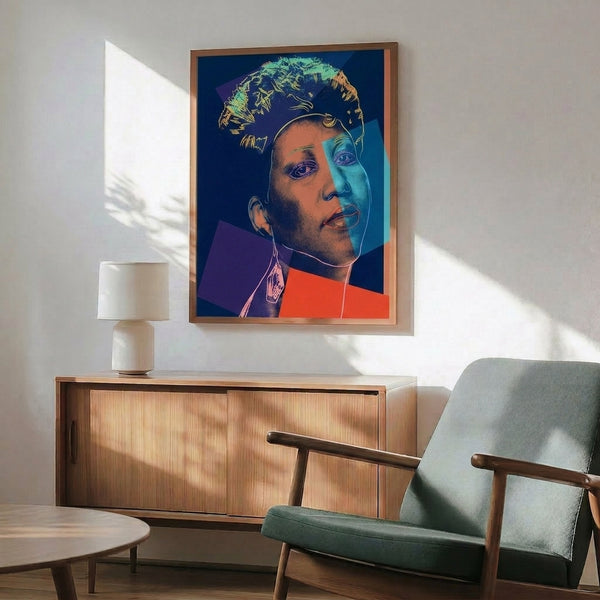 Queen of Soul Aretha Franklin rendered in vibrant pop art aesthetic with dramatic colors and strong visual impact.