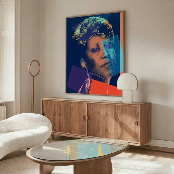 Pop art homage to Aretha Franklin featuring luminous color combinations and bold graphic treatment, modern music icon print.
