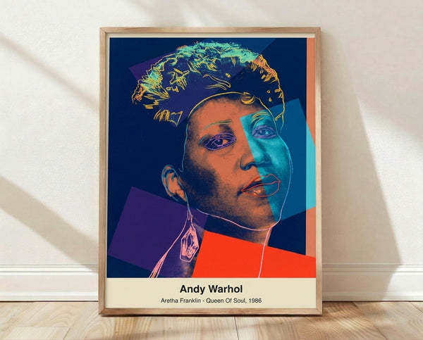 Bold pop art portrait of Aretha Franklin in vibrant blue, pink, and yellow tones, rendered in the style of Andy Warhol's iconic silkscreen technique.