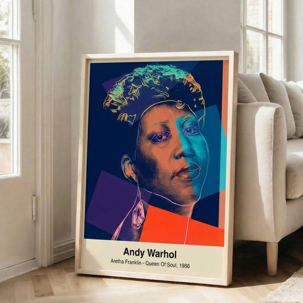 Contemporary pop art wall art of Aretha Franklin rendered in vibrant blue, pink, and yellow with bold black outlines, echoing Warhol's celebrated portrait technique.