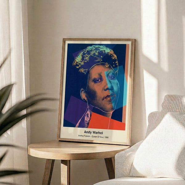 Striking pop art depiction of Aretha Franklin's iconic face in luminous pink, blue, and yellow colors with high-contrast black details, inspired by Andy Warhol's method.