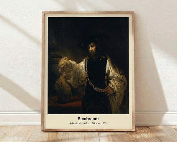 Framed vintage portrait painting of a contemplative philosopher resting his hand on a classical bust, rendered in rich browns, golds, and ochre tones with dramatic shadowing.
