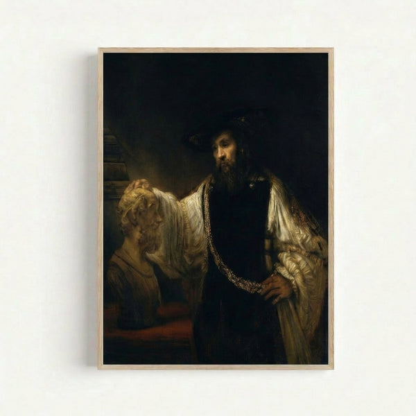 Dark academia wall art depicting a scholarly man in period dress wearing a gold chain and medallion, gazing thoughtfully at an ancient bust in muted earth tones.
