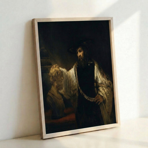 Old Master style framed portrait of an introspective figure posed with a classical sculpture, painted in warm browns and creams with atmospheric depth.