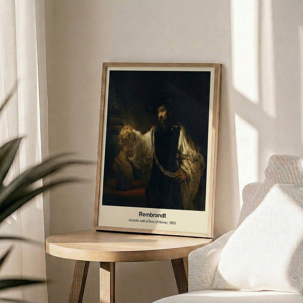 Framed classical portrait of a scholar adorned with a gold medallion, standing pensively beside a bust, rendered in earthy ochres and deep browns.