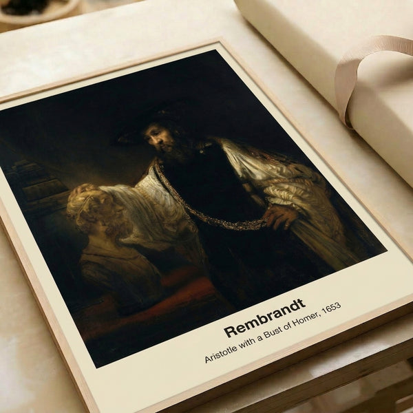 Vintage philosophical portrait of a figure in period costume resting thoughtfully beside a classical sculpture, painted in warm shadows and ochre hues.