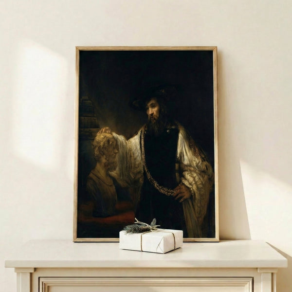 Rembrandt masterpiece poster showing a man in flowing robes contemplating an ancient marble head, rich browns and golds creating a moody intellectual atmosphere.