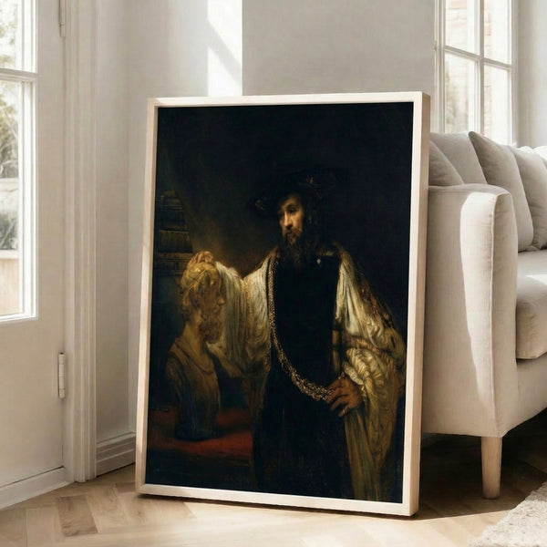 Framed Renaissance-style portrait of a robed figure pensively studying a classical sculpture, painted with warm ochres and deep shadow tones.