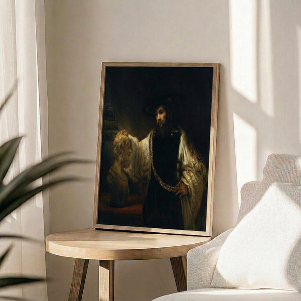 Wall art print presenting a philosopher in sumptuous golden garments posed beside a bust, exemplifying Old Master portrait tradition and timeless wisdom themes.