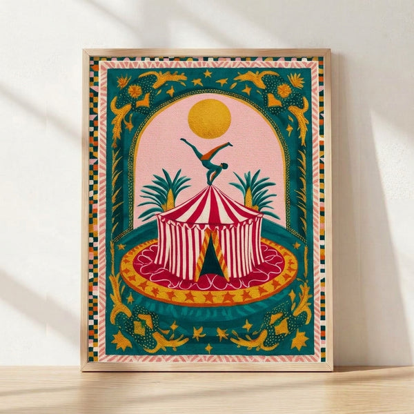 Art Deco circus poster featuring a glamorous acrobat performing under a stylized sun and moon, surrounded by palm trees and a vintage tent in teal, gold, and crimson tones.