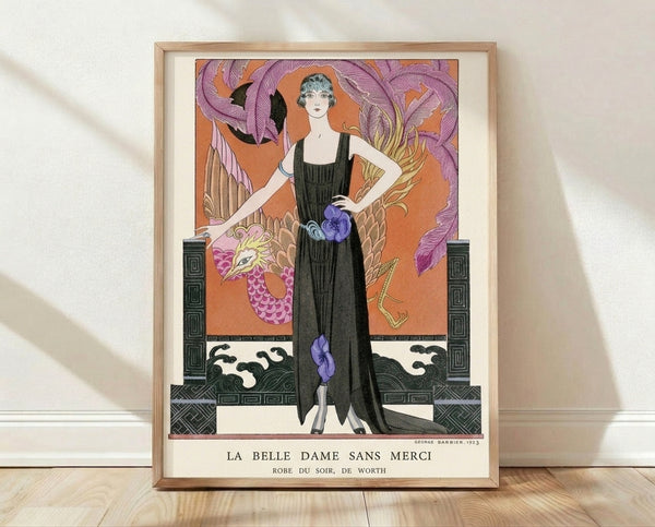 Art Deco poster featuring an elegant woman in a flowing terracotta and gold dress with a purple dragon, surrounded by decorative leaves in muted jewel tones and black accents, framed on a wall.