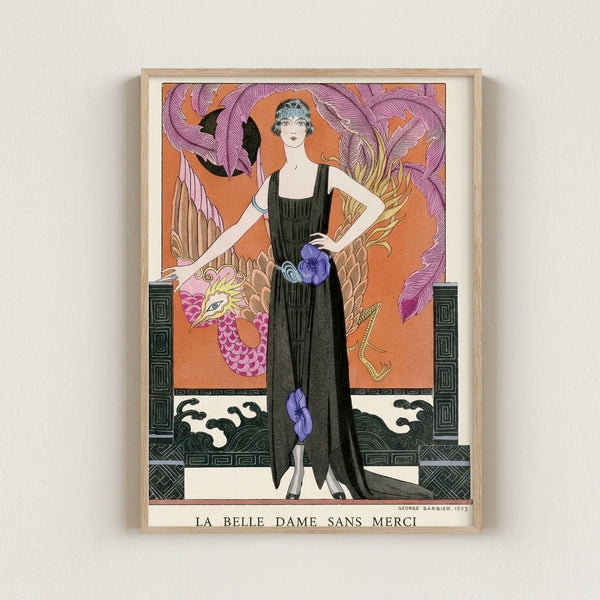 Theatrical Art Nouveau-inspired illustration of a sophisticated woman in an ornate pale gold gown beside a purple dragon, set against terracotta and black botanical elements.