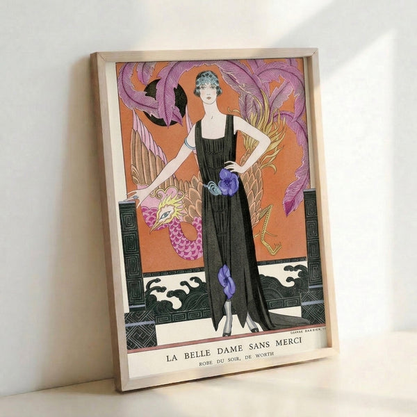 Vintage Art Deco print depicting an elegant figure in rich terracotta tones wearing an elaborate dress with a coiled purple dragon and leaf motifs in black and gold.