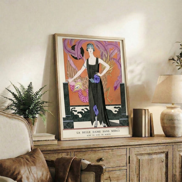 Sophisticated Art Nouveau-style artwork of a graceful woman in ornate dress with a purple dragon, rendered in terracotta, gold, and black decorative elements.