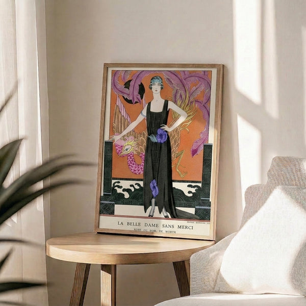 Theatrical vintage poster featuring an elegant woman in a lavish terracotta gown with a mystical purple dragon and botanical accents, Art Deco aesthetic in jewel tones and gold.