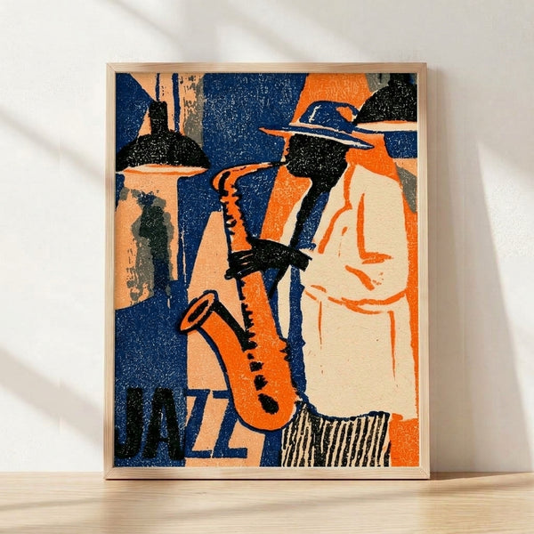 Framed vintage art deco poster featuring a sophisticated saxophonist in a hat against navy blue and burnt orange tones, evoking classic 1920s jazz nightlife glamour.