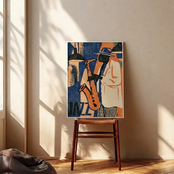 Retro-style framed art print of a stylized musician playing saxophone in cream, navy, and burnt orange hues with an elegant vintage cabaret aesthetic.