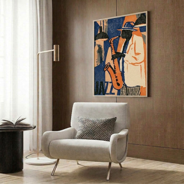 Art deco saxophonist poster in sophisticated navy blue and tan, capturing the lively energy of classic jazz age nightlife in a framed wall display.