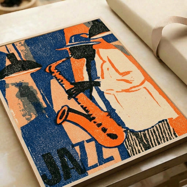 Vintage framed poster showcasing a dapper saxophonist rendered in rich burnt orange, navy, and cream tones with refined 1920s-inspired nightclub charm.