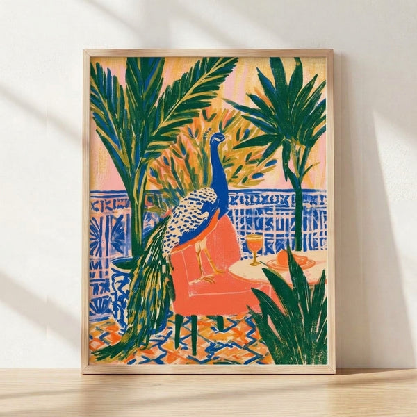 Art Deco framed poster featuring an elegant peacock amid palm fronds and a wine glass, rendered in coral red, cobalt blue, and forest green with geometric patterns and cream accents.