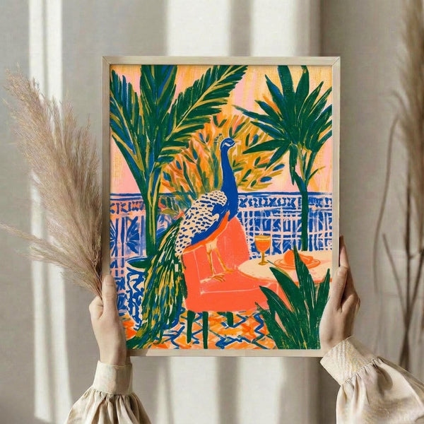 Vintage boho wall art depicting a serene peacock with tropical palms and a wine goblet in jewel tones of blue and green, accented with coral and pale pink geometric details.