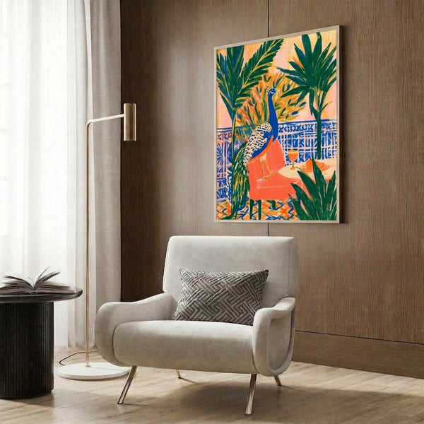 Luxurious Art Nouveau style poster showcasing a peacock, geometric patterns, and wine imagery in a sophisticated palette of forest green, cobalt blue, and warm coral tones.