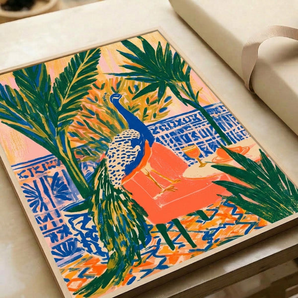 Elegant tropical wall print featuring a peacock among palm leaves and a wine glass, blending vintage boho aesthetics with Art Deco geometry in rich blues, greens, and coral hues.