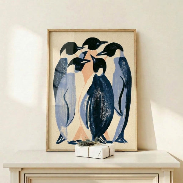 Mid-century modern wall art depicting clustered emperor penguins in geometric Art Deco style using navy, periwinkle, cream, and gold palette.