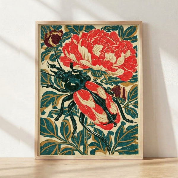 Art Nouveau framed poster featuring an ornate beetle perched on a blooming red peony surrounded by teal leaves and gold accents against a cream background.