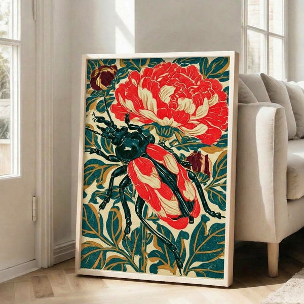 Vintage-style art print with an elegant beetle and crimson peony flower rendered in gold, teal, and black Art Nouveau design, displayed framed on a wall.