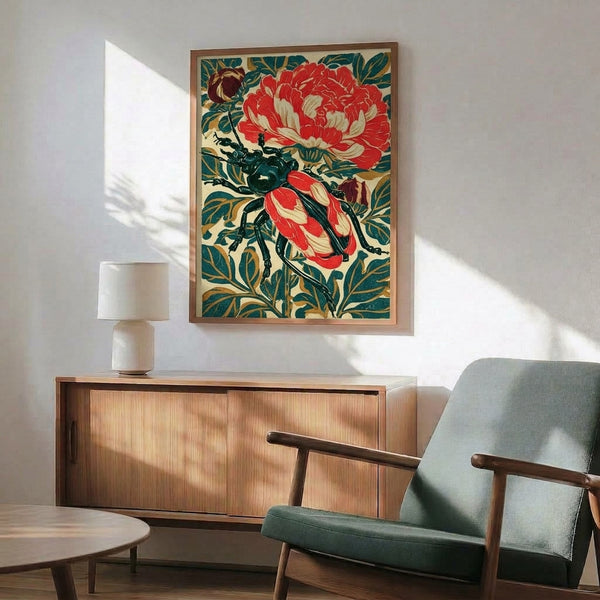 Sophisticated botanical poster showing a detailed insect on a peony bloom with Art Nouveau flourishes in red, teal, gold, and cream tones.