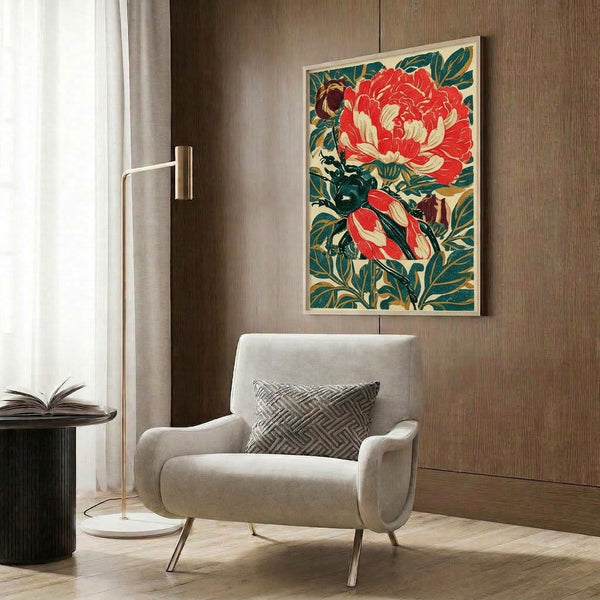 Decorative framed artwork featuring an ornamental beetle and red peony flower in elegant Art Nouveau style with teal and gold botanical elements.