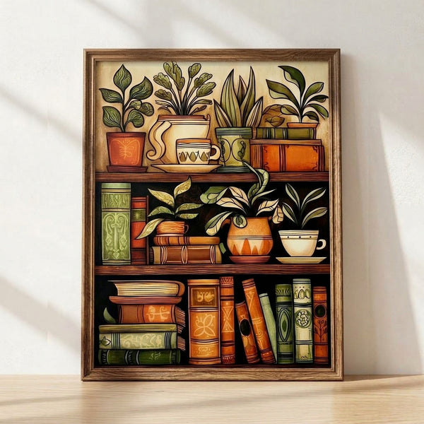 Art Nouveau line art print featuring stacked books, climbing vines, and potted plants on shelves with terracotta vessels and gold accents in cream and forest green tones, framed on wall.