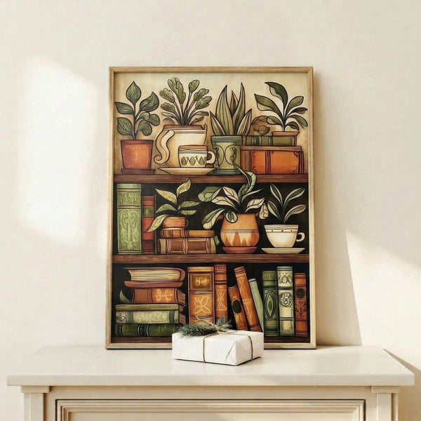 Vintage botanical poster with ornate Art Nouveau design showing books intertwined with leafy plants, pottery, and teacups in warm cream, terracotta, and forest green with black linework.
