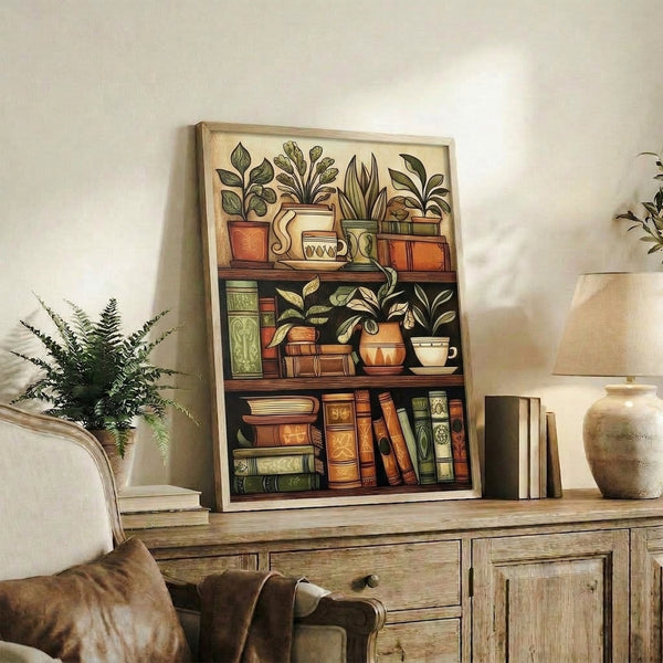 Framed Art Nouveau print depicting a cozy literary scene of books, flourishing botanicals, ceramic vases, and vintage vessels in cream, green, and terracotta with elegant gold detailing.