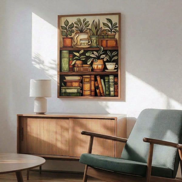 Dark academia-inspired Art Nouveau wall art combining detailed line drawings of stacked books, lush foliage, and cottagecore ceramics in a sophisticated cream, forest green, and gold palette.