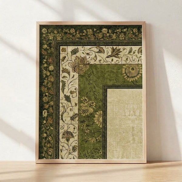 Framed Art Nouveau botanical poster featuring ornate forest green and gold leaf patterns with cream accents in a classic vintage style.