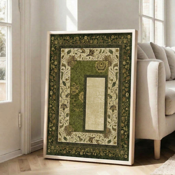 Elegant Art Nouveau print with intricately detailed vine and flower motifs in rich forest green, cream, and gold tones.