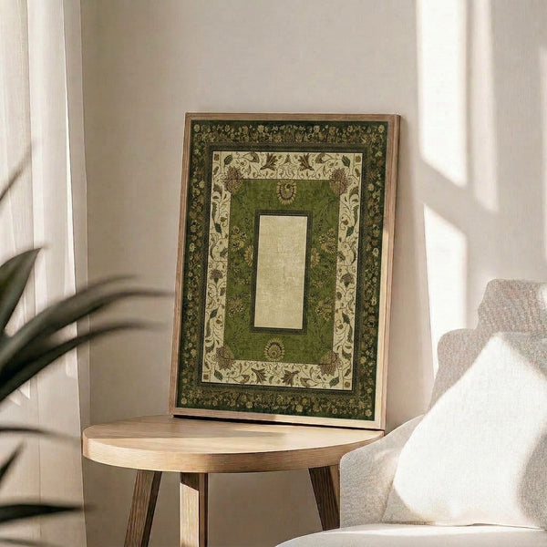 Ornate vintage botanical wall art displaying symmetrical Art Nouveau floral and leaf designs in forest green, brown, and cream palette.