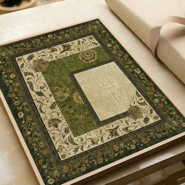 Timeless Art Nouveau Persian rug-inspired framed print with classical botanical patterns in deep green, gold, and cream hues.