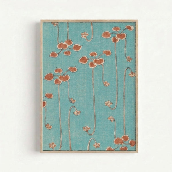 Vintage Japandi-inspired botanical art print featuring elegant plant stems and flowers in soft turquoise and tan, calming and contemplative.