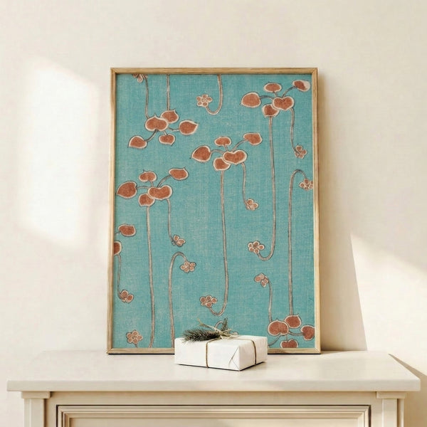 Zen garden aesthetic botanical poster with graceful leaf and flower forms rendered in serene turquoise and warm earth tones.