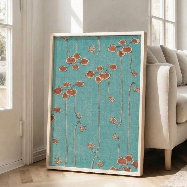 Art Nouveau plant illustration in turquoise, tan, and terracotta showing organic botanical forms with elegant curved details.