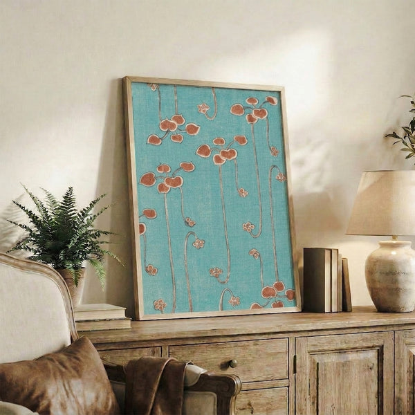 Vintage botanical poster with Art Nouveau styling featuring delicate clover leaves and stems in calming turquoise and cream palette.