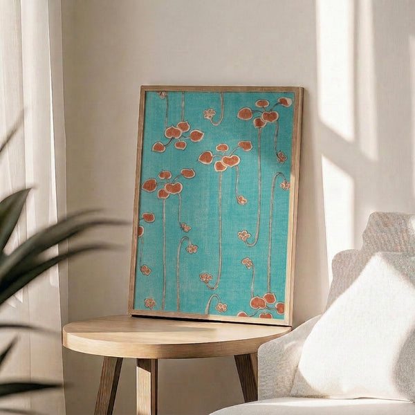 Japandi wall art print displaying nature-inspired flowers and foliage in turquoise, terracotta, and neutral tones.
