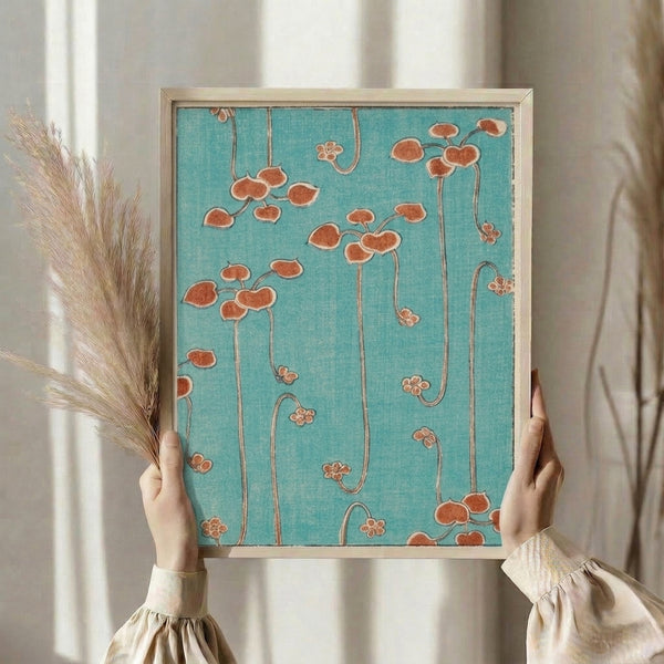 Art Nouveau botanical framed print with contemplative mood, showcasing stylized leaves and stems in soft turquoise and tan.