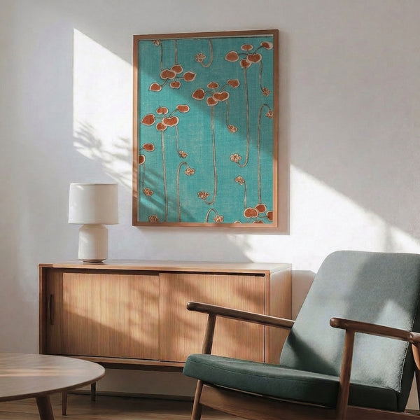 Elegant vintage botanical design in Art Nouveau style with plant motifs in turquoise, cream, and warm terracotta tones.