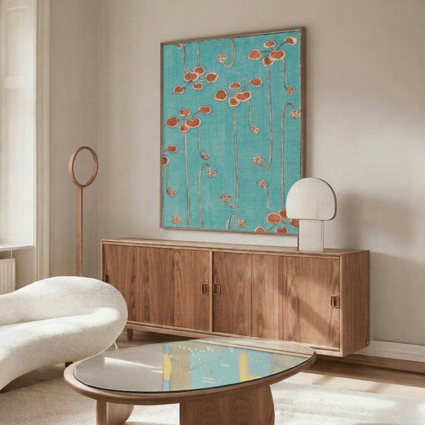 Framed Art Nouveau flower print with calm, minimalist botanical subject in turquoise and tan on cream background.